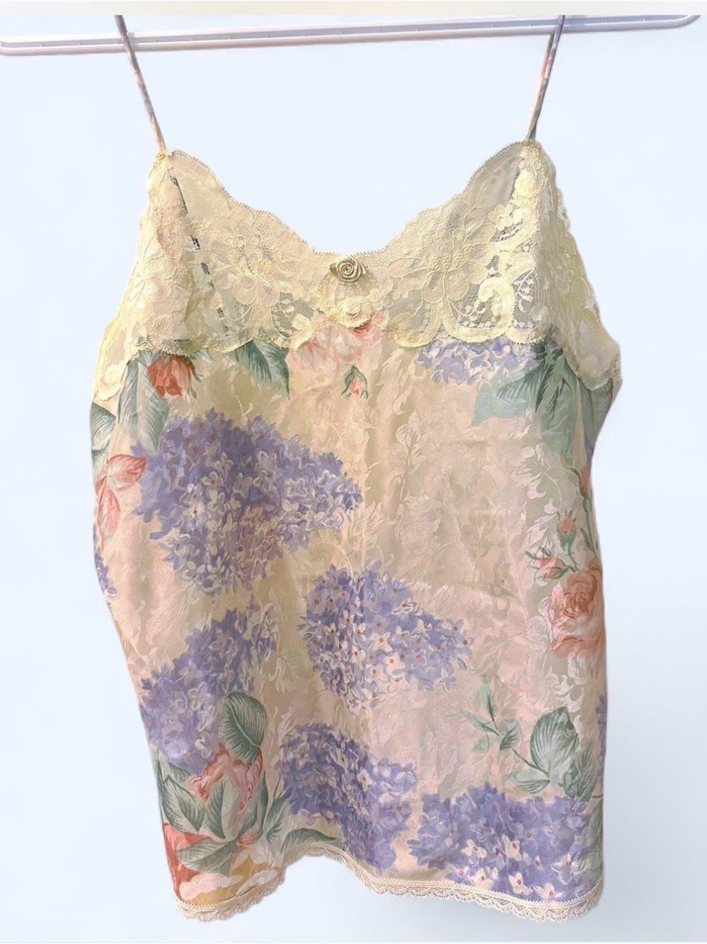 Vintage Floral Lace Trim Satin Camisole in Cream & Lavender